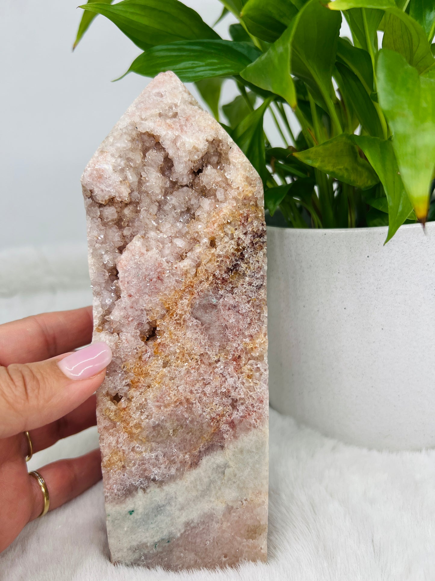 Pink amethyst tower with crystalline sections from Brazil