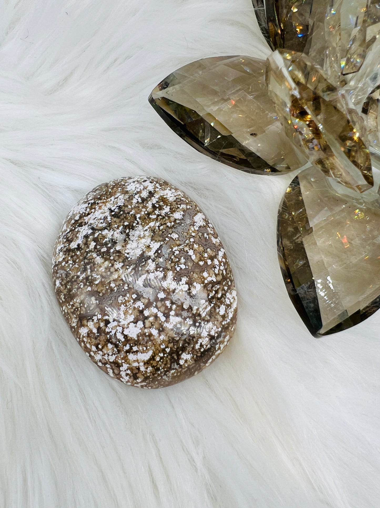 An Ocean Jasper Palmstone with sparkly quartz inclusions, white and brown colours.