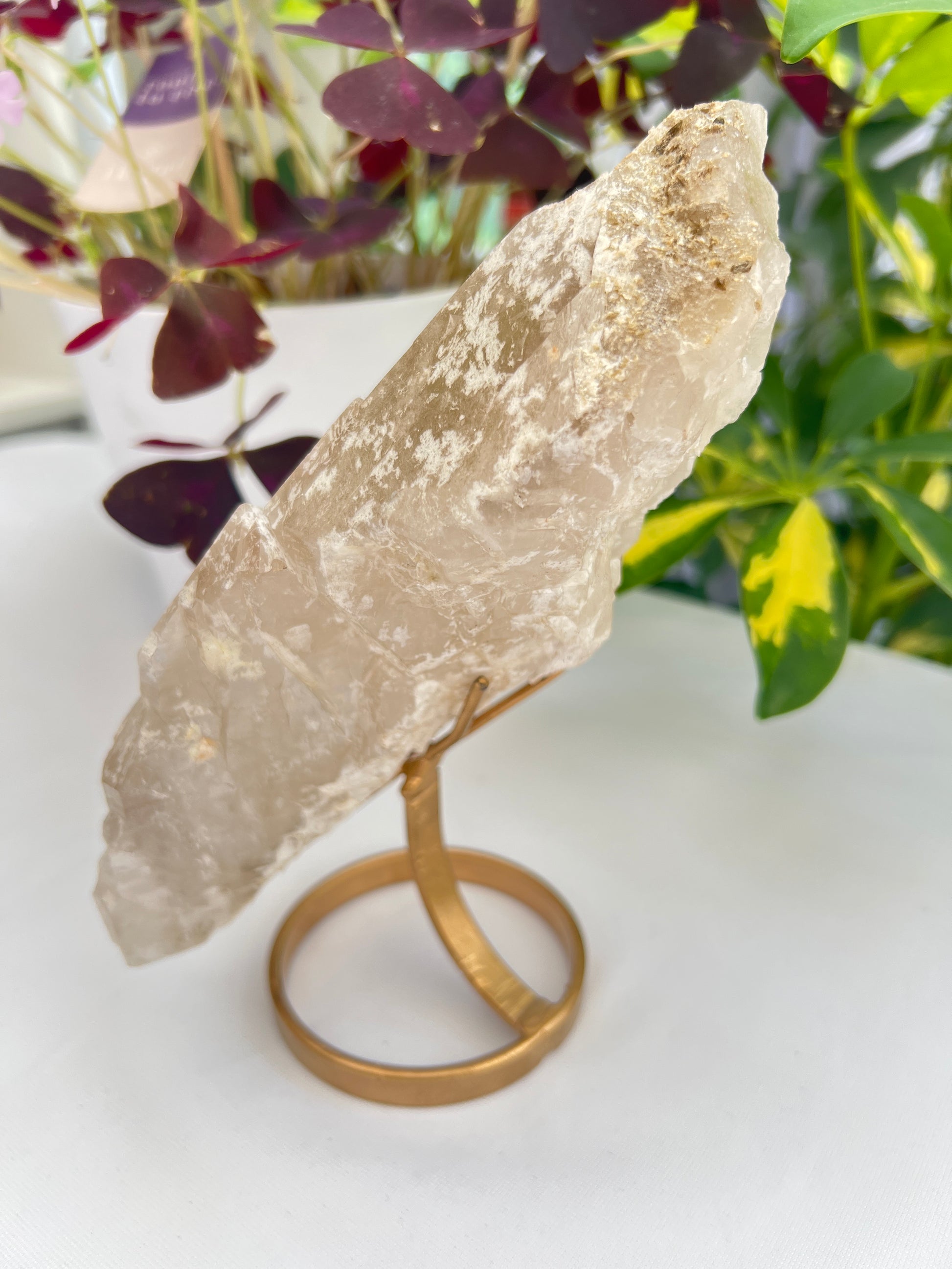 A natural unpolished citrine crystal with a gold stand, displaying pale honey to golden hues with mica and some albite