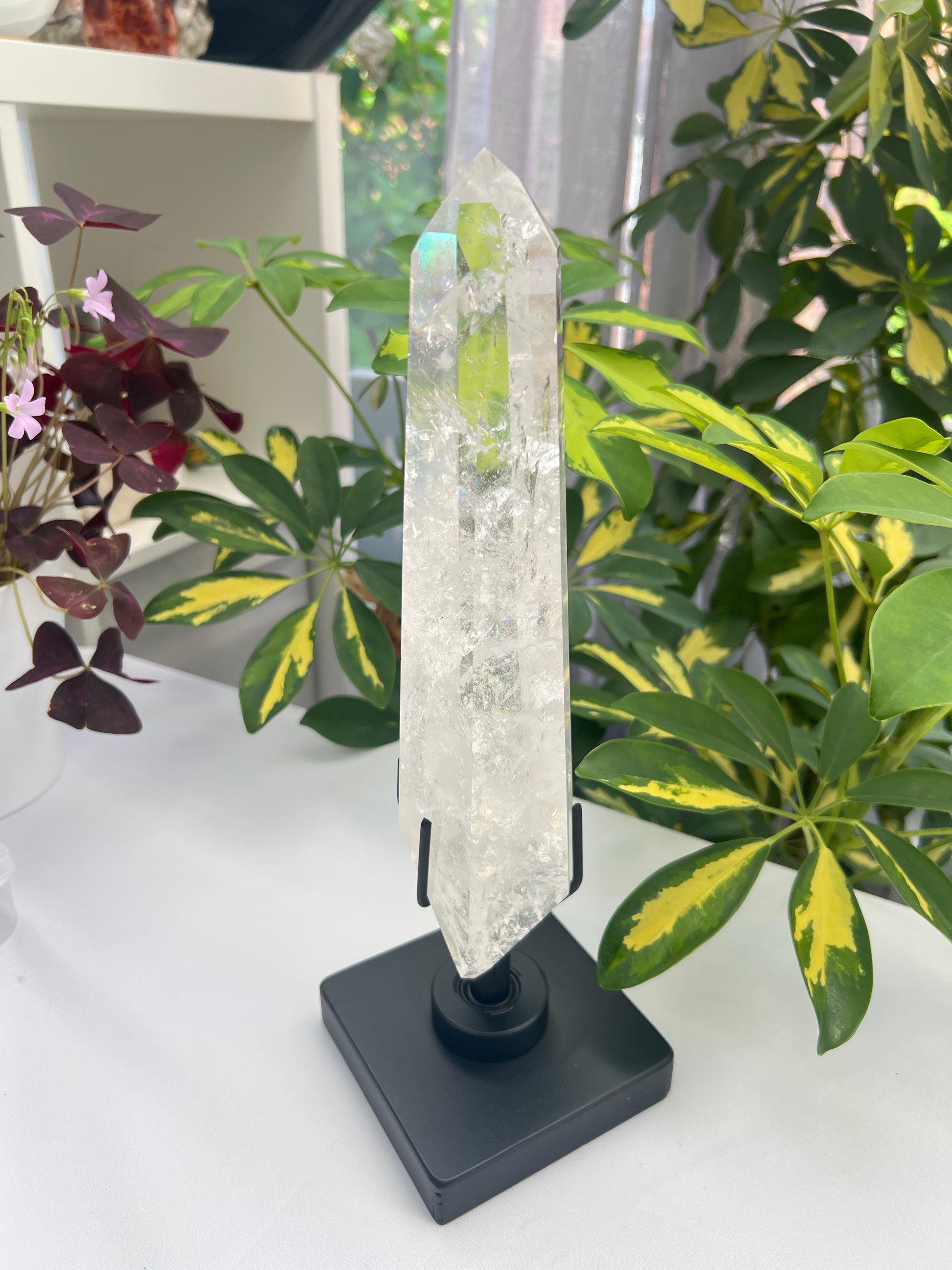 Clear polished lemurian quartz sceptre with black stand. 