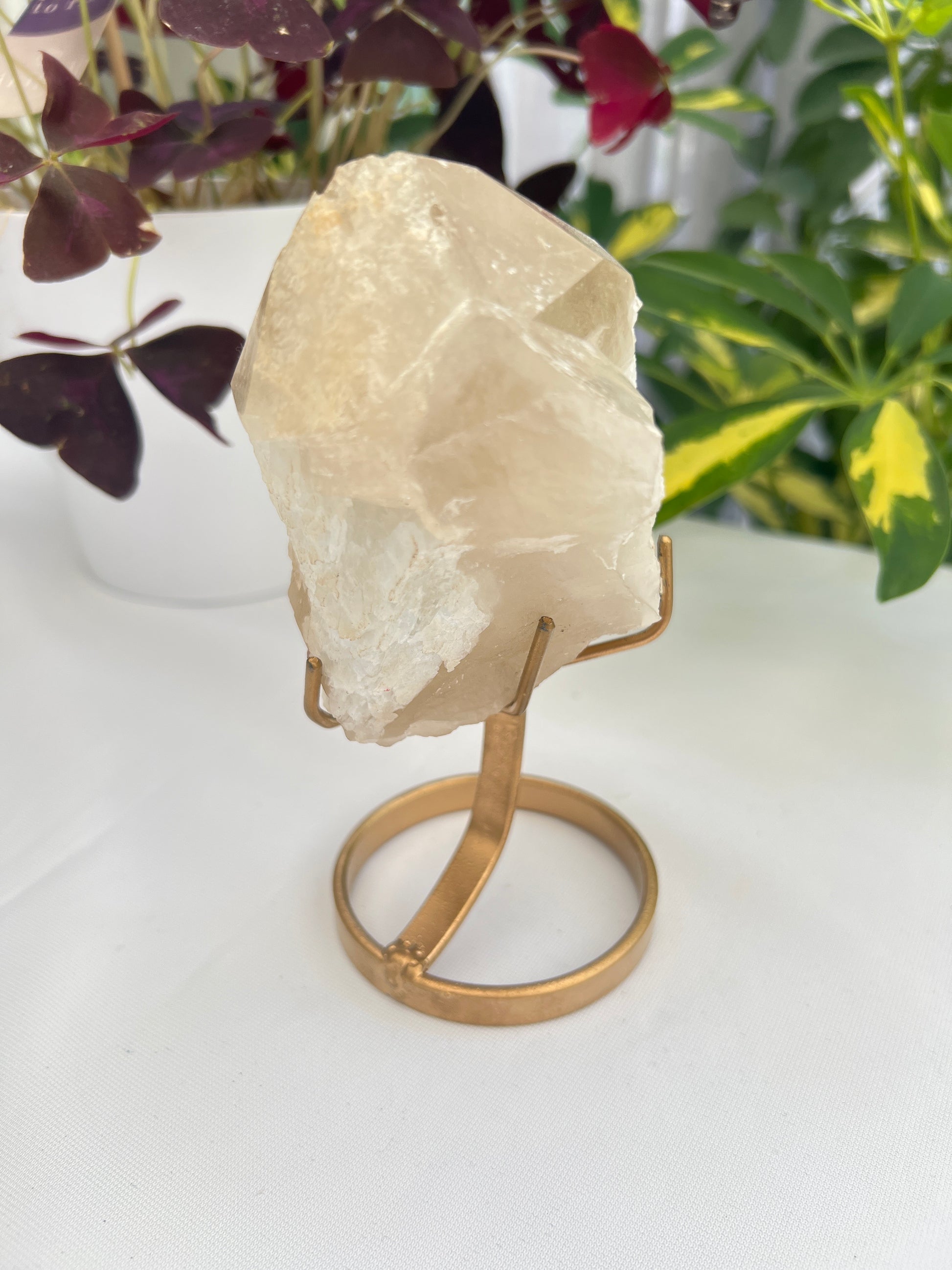 A natural unpolished citrine crystal with a gold stand, displaying pale honey to golden hues with albite and a hint of a phantom.