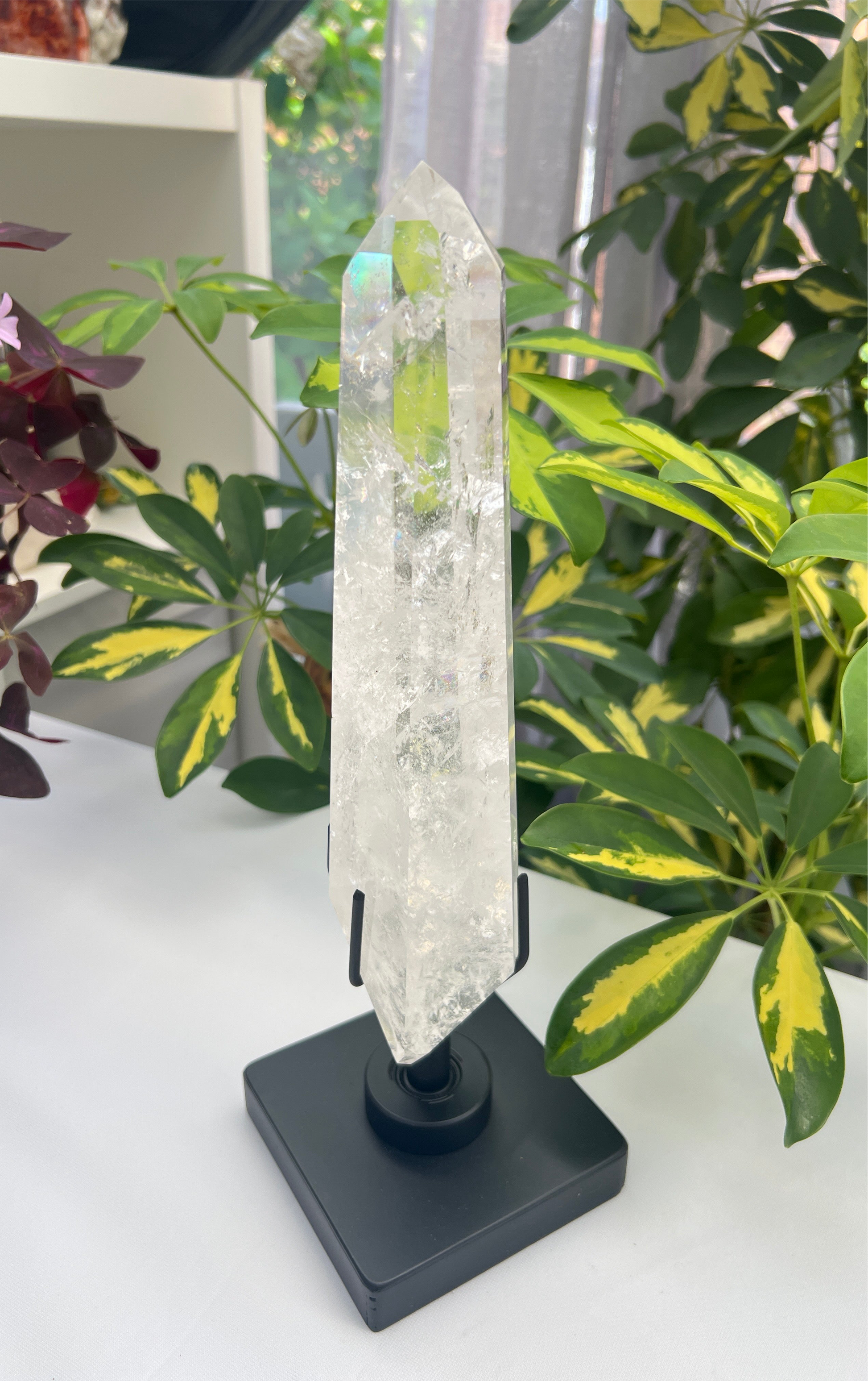 Clear polished lemurian quartz sceptre with black stand. 
