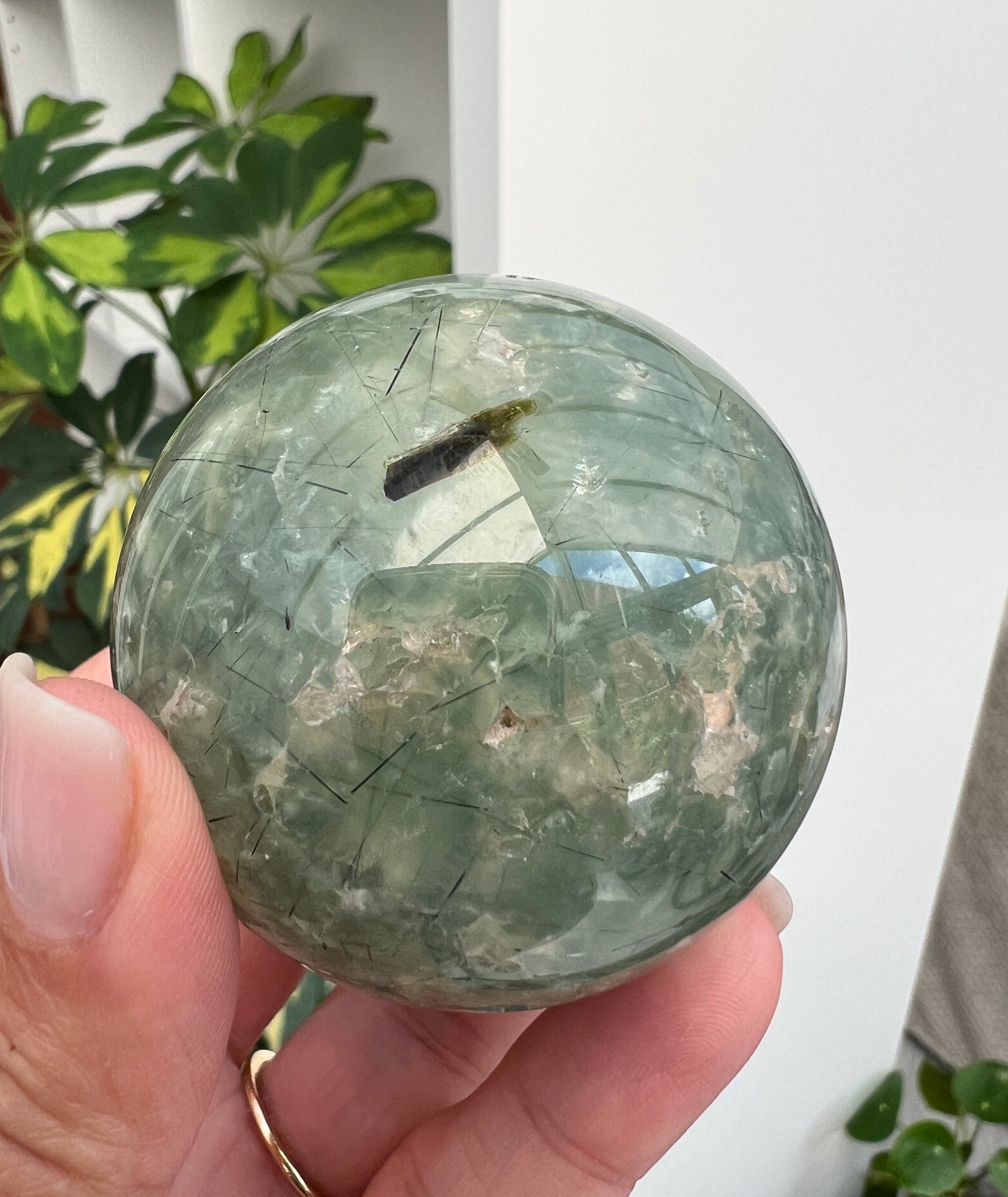 Prehnite and Epidote Sphere with Tourmaline