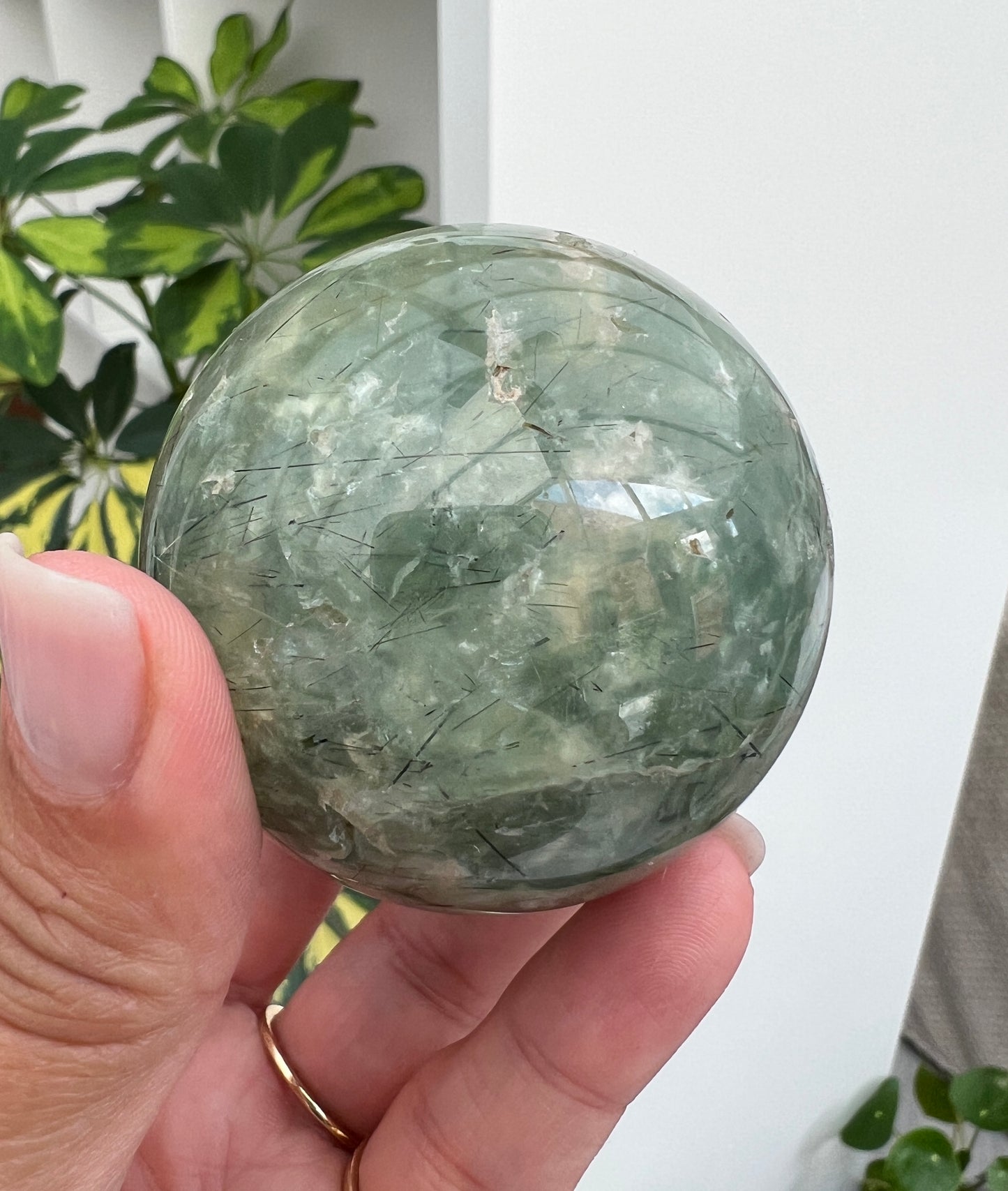 Prehnite and Epidote Sphere with Tourmaline