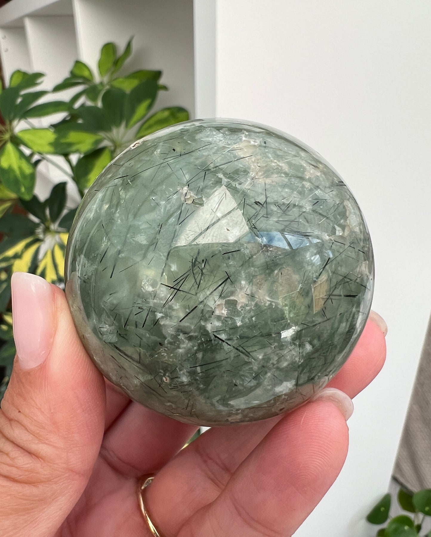 Prehnite and Epidote Sphere with Tourmaline