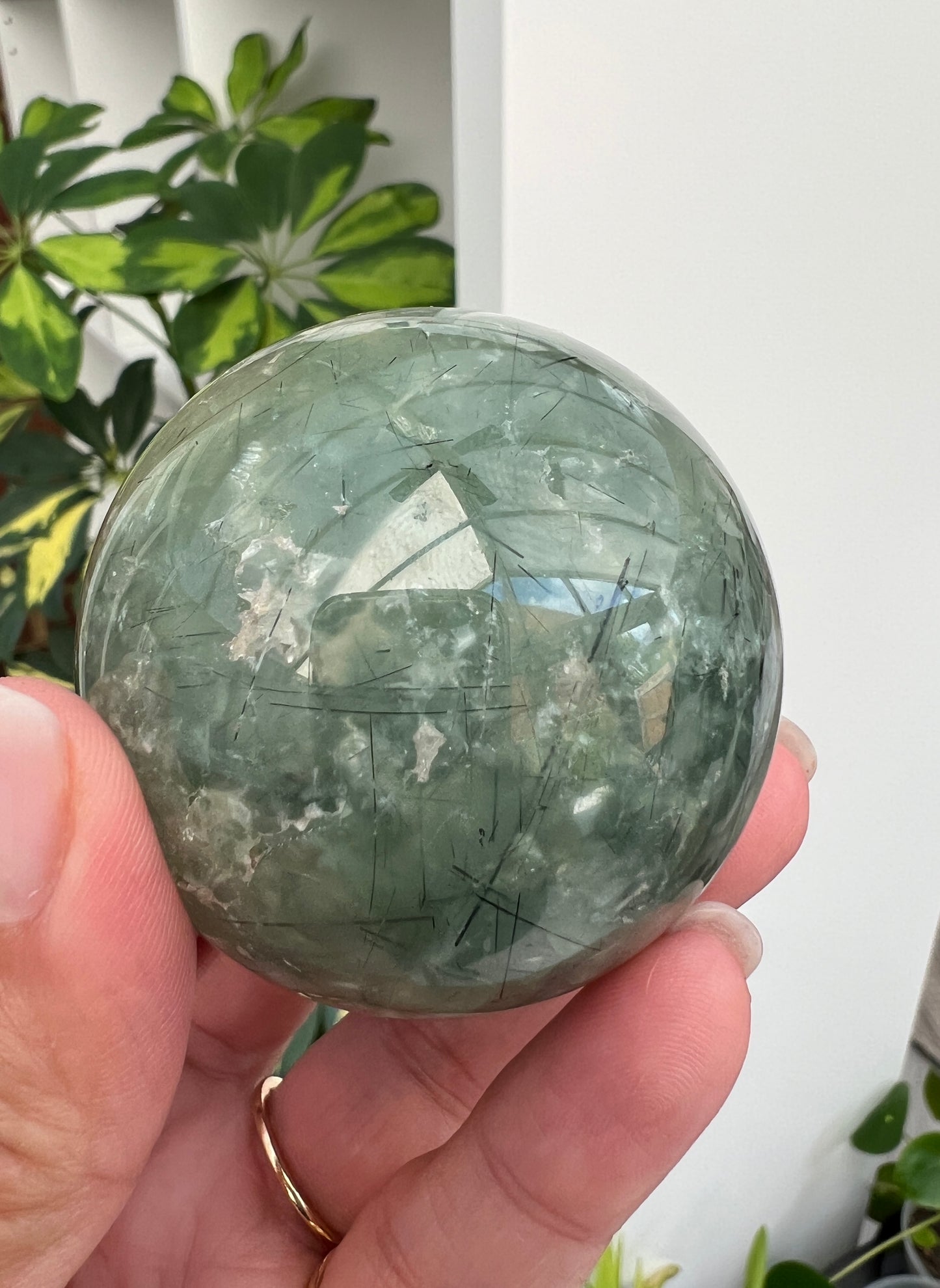 Prehnite and Epidote Sphere with Tourmaline