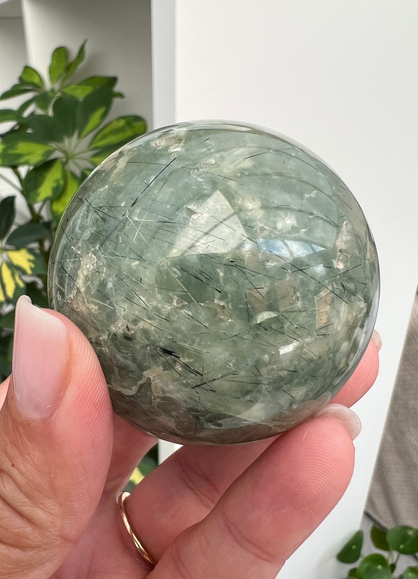 Prehnite and Epidote Sphere with Tourmaline