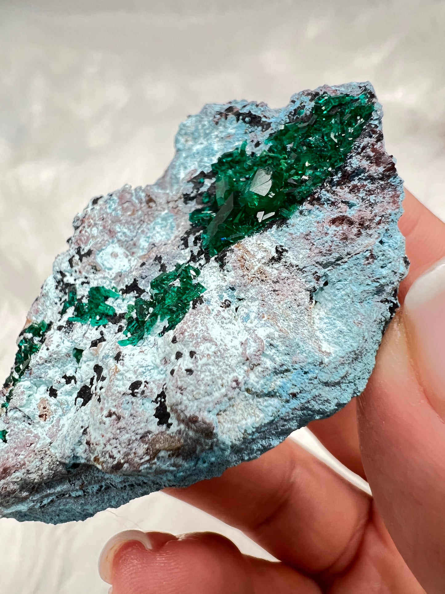 Dioptase on Plancheite