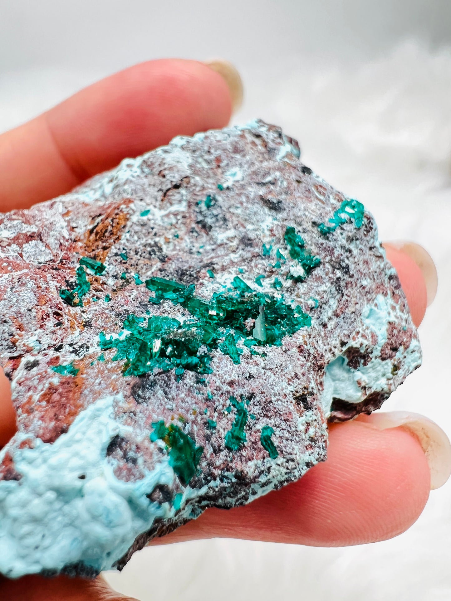 Dioptase on Plancheite