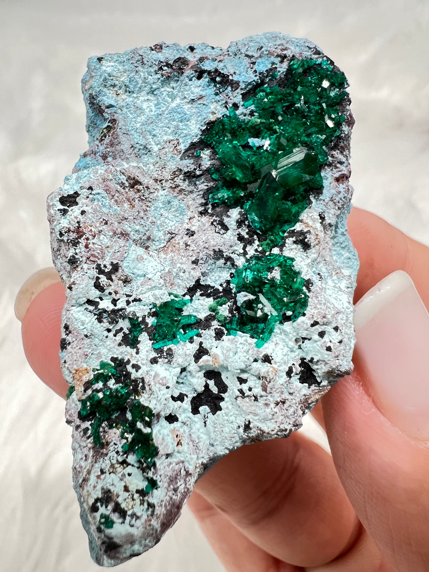 Dioptase on Plancheite